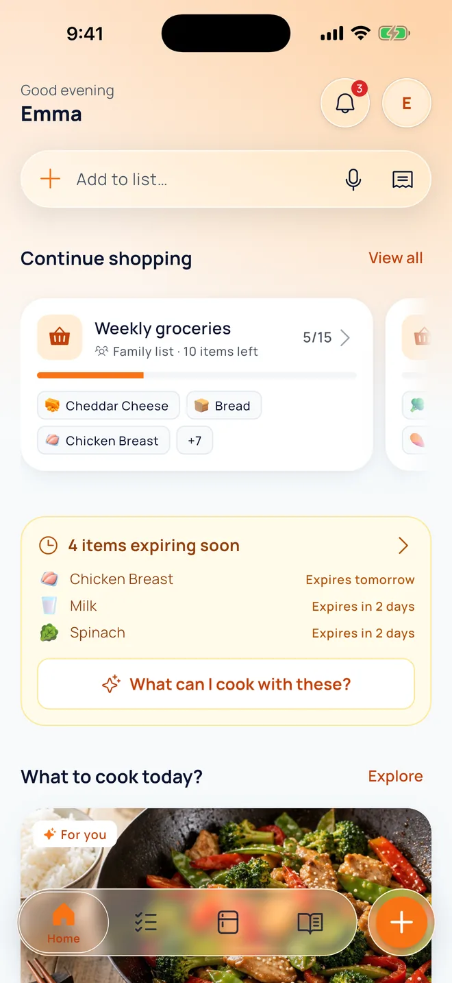Kitchen Studio home screen: continue shopping, items about to expire and today's recipe