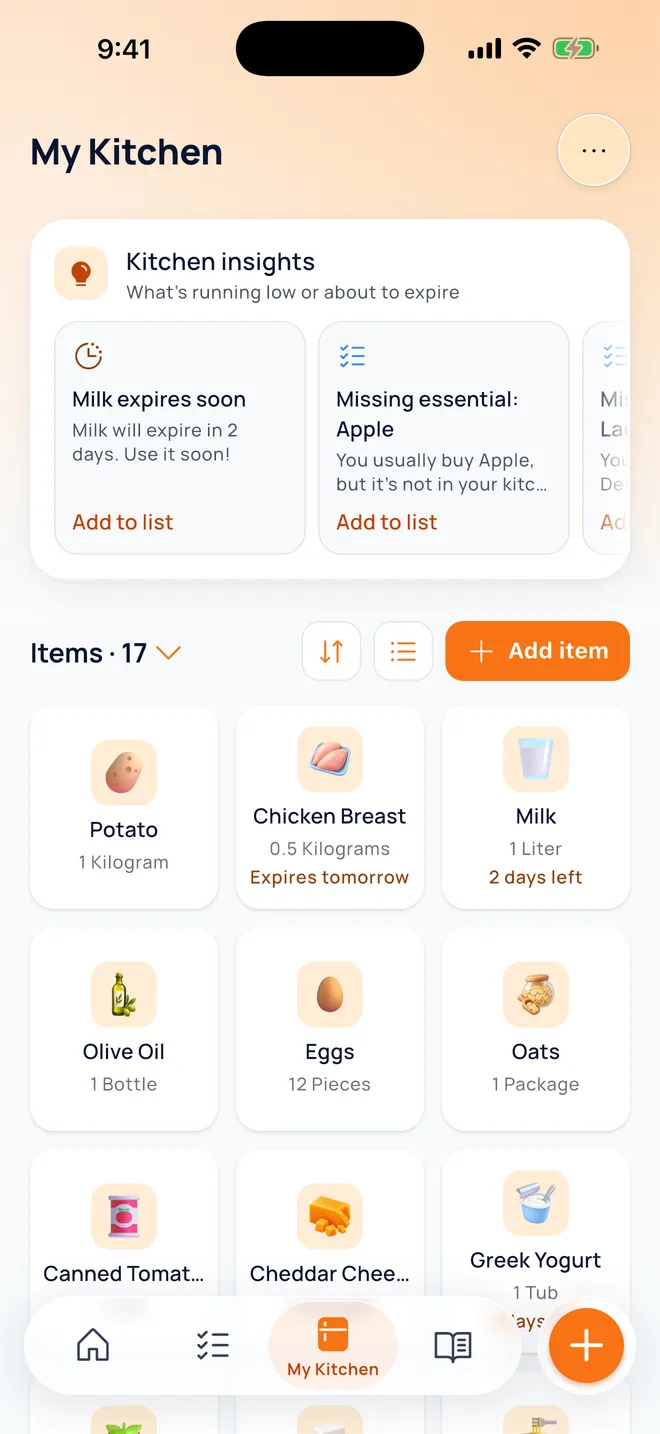 My Kitchen: items about to expire with an add-to-list suggestion