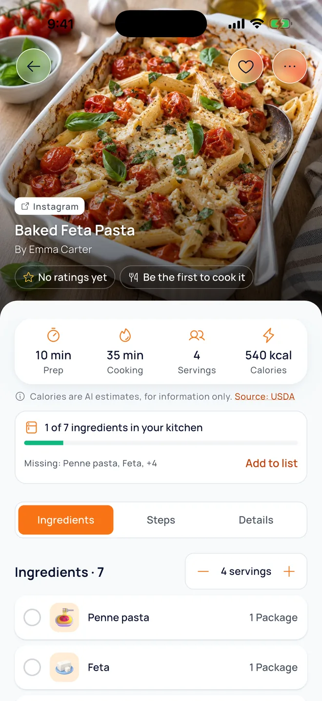 A recipe saved from Instagram and the recipe-from-link form