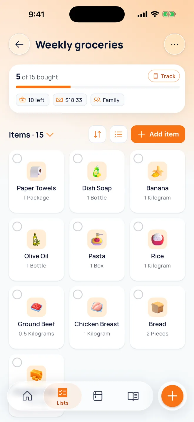 Weekly groceries list: 15 items, 5 checked off