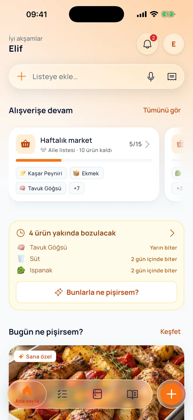 Kitchen Studio ana sayfası: alışverişe devam, yakında bozulacak ürünler ve günün tarifi
