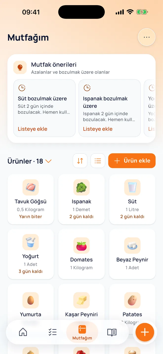 Mutfağım: Tavuk göğsü ve süt bozulmak üzere, listeye ekle önerisi