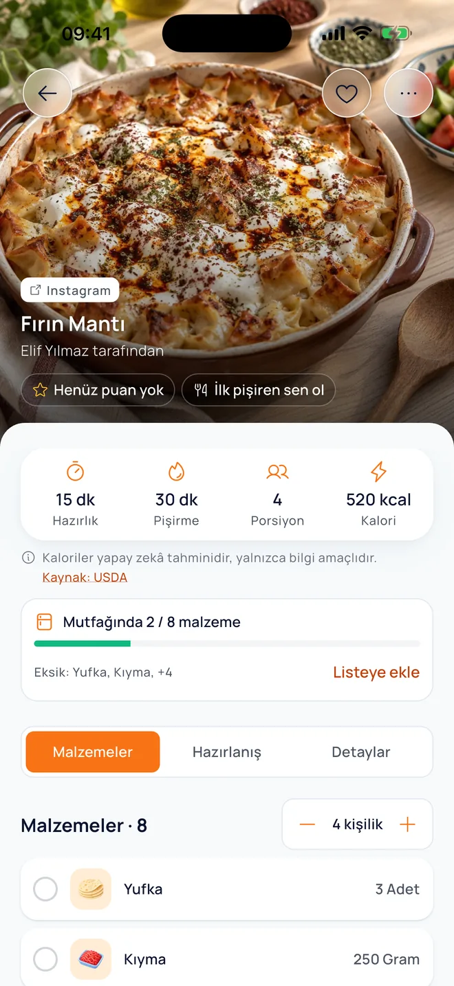Instagram'dan kaydedilen Fırın Mantı tarifi ve bağlantıdan tarif alma formu
