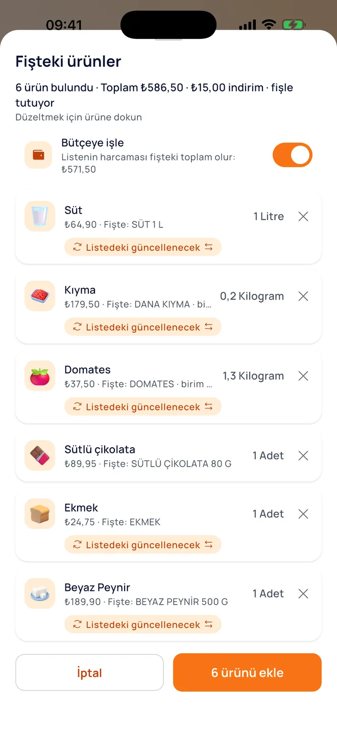 Fişteki ürünler: 6 ürün bulundu, toplam ₺586,50, ₺15 indirim, fişle tutuyor