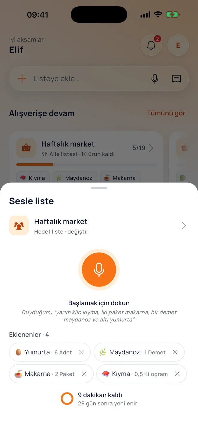 Sesle liste: Yumurta 6 adet, Maydanoz 1 demet, Makarna 2 paket, Kıyma 0,5 kilogram eklendi