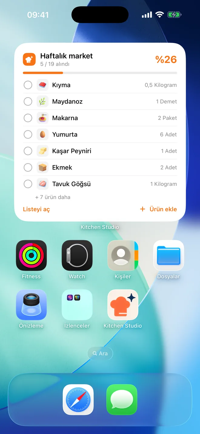 Ana ekran widget'ı: Haftalık market listesi, %33 alındı